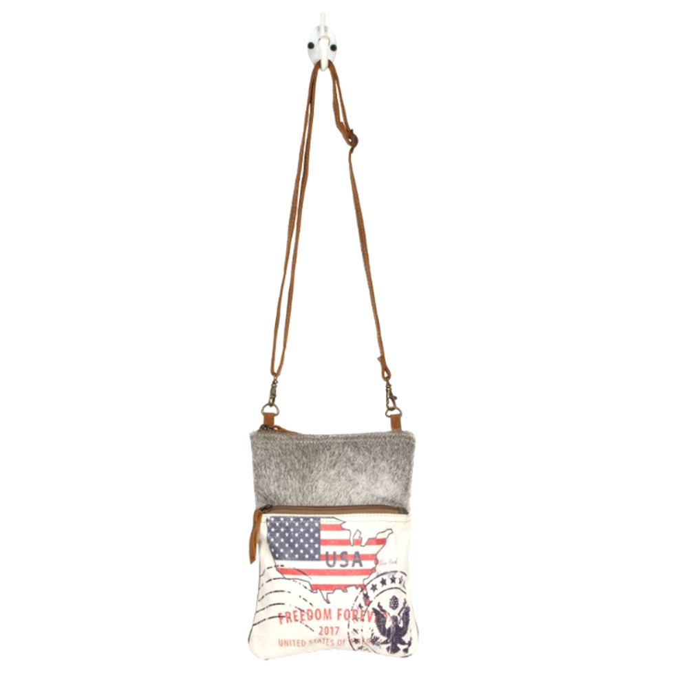Myra Freedom Forever Flag Crossbody Purse & Cow Hide Trim